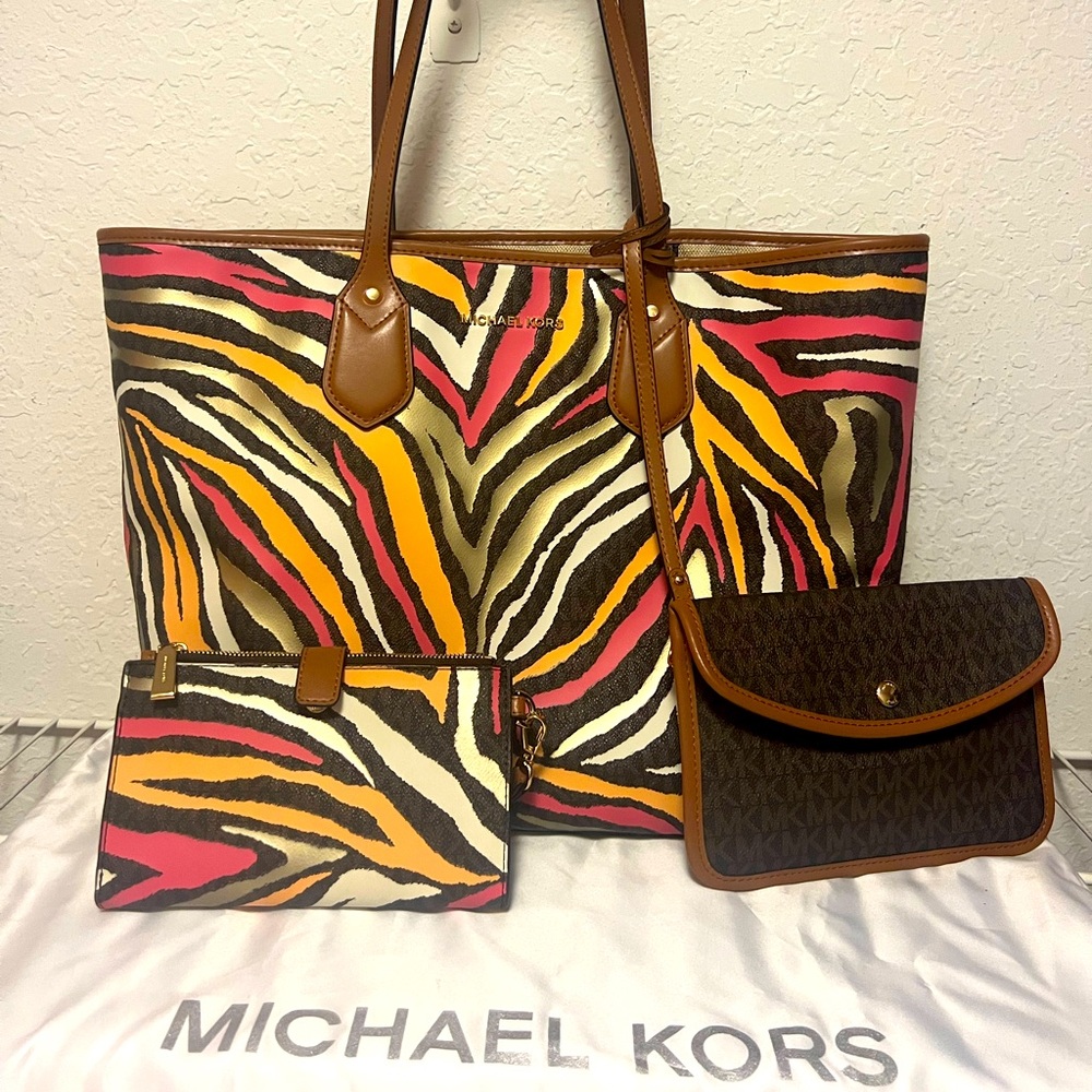 Michael Kors Brown Multicolor Zebra Print Tote Bag Set